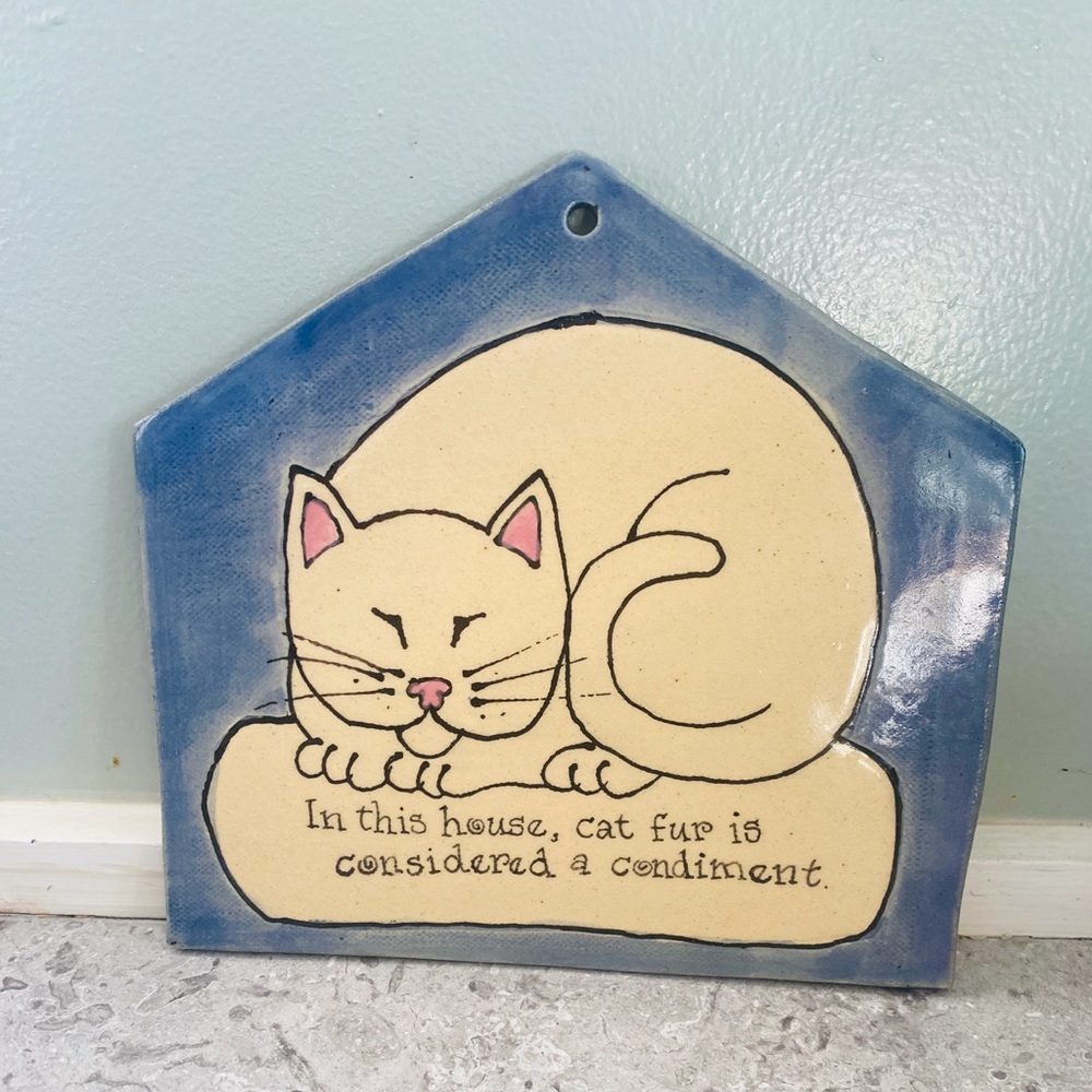 Cat Wall Plaque with cute cat fur caption Blue clay